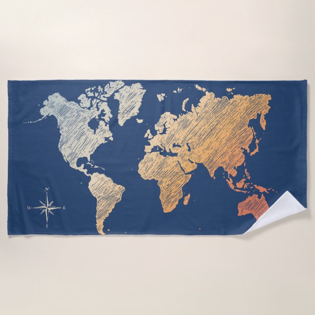 Stylish World Traveller (plus map, retro light) Beach Towel (Front)