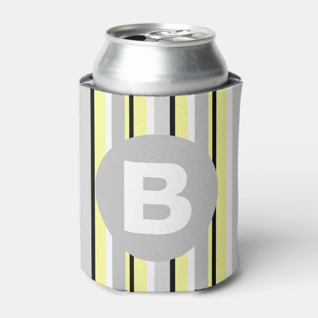 Stylish Yellow and Grey Striped Monogram Can Cooler (Can Front)