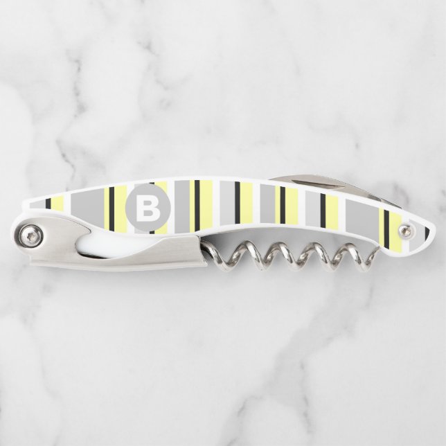 Stylish Yellow and Grey Striped Monogram Corkscrew (Front)