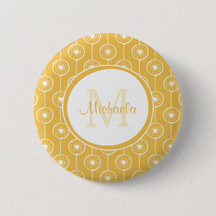 Stylish Yellow and White Hearts Monogram With Name 2 Inch Round Button
