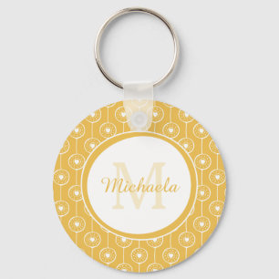 Stylish Yellow and White Hearts Monogram With Name Keychain