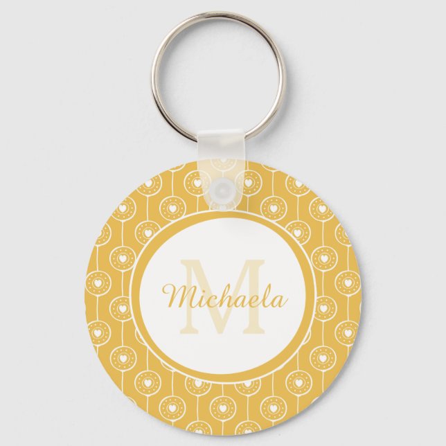 Stylish Yellow and White Hearts Monogram With Name Keychain (Front)