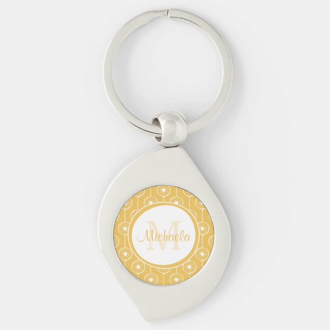 Stylish Yellow and White Hearts Monogram With Name Keychain (Front)