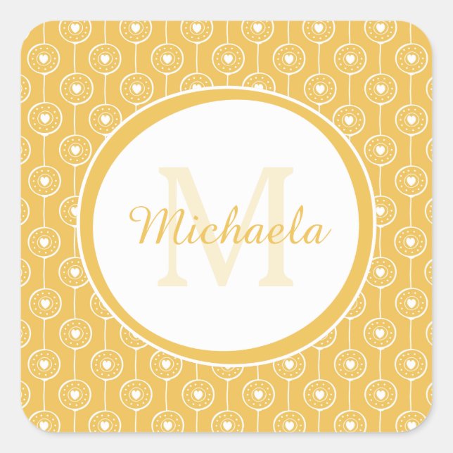 Stylish Yellow and White Hearts Monogram With Name Square Sticker (Front)