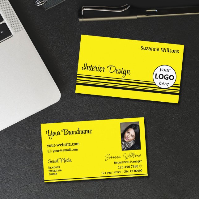 Stylish Yellow Black Stripes with Logo and Photo Business Card (Creator Uploaded)