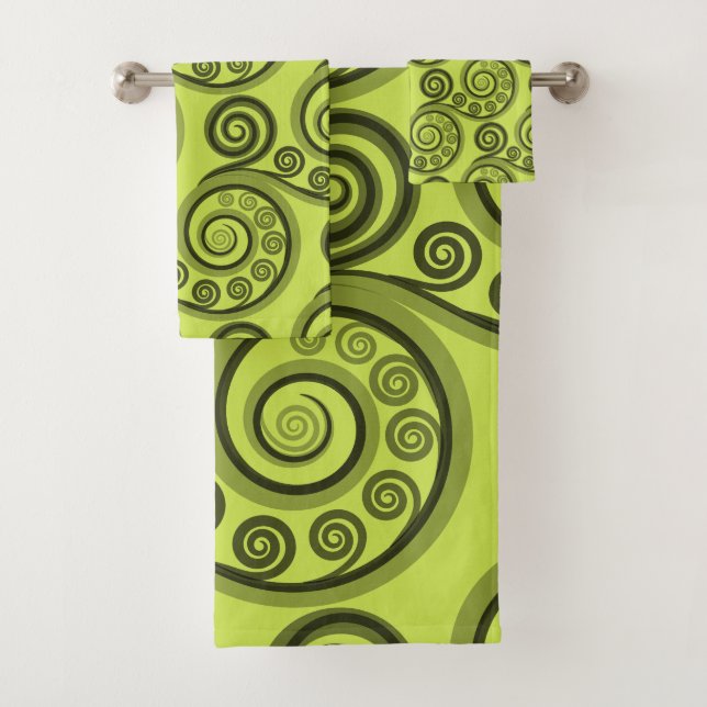Stylish Yellow-Green Koru Swirls Towel Set (Insitu)