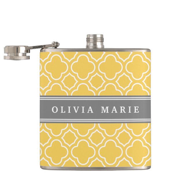 Stylish Yellow Quatrefoil Pattern with Name Hip Flask (Opened)