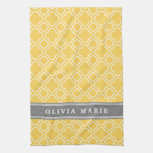Stylish Yellow Quatrefoil Pattern with Name Kitchen Towel