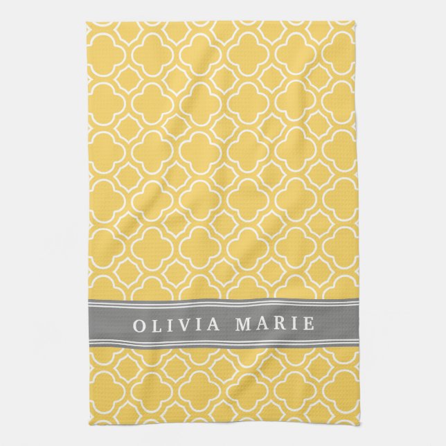 Stylish Yellow Quatrefoil Pattern with Name Kitchen Towel (Vertical)