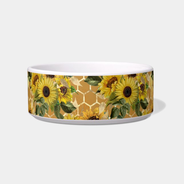 Stylish Yellow Sunflowers Bouquet Honeycomb Pet Bowl (Front)