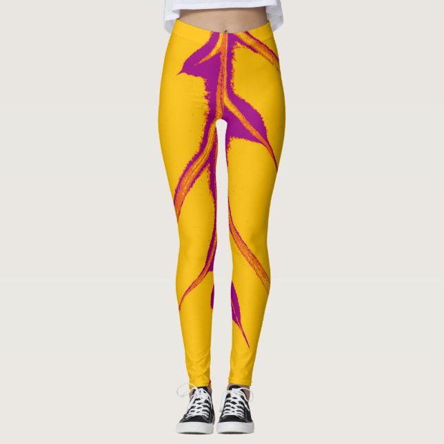 Stylish Yellow Violet Leaf Leggings (Front)