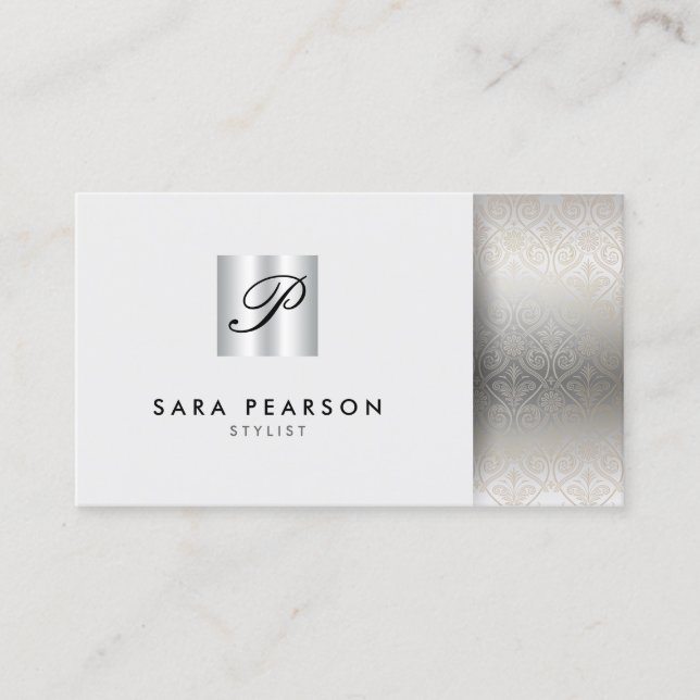 Stylist Elegant Chrome Monogram Silver Damask Business Card (Front)