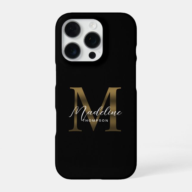 Stylist Script Metallic Black Gold Monogram iPhone Case (Back)