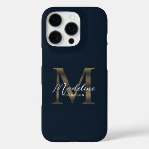Stylist Script Metallic Navy Blue Gold Monogram iPhone 16 Pro Case