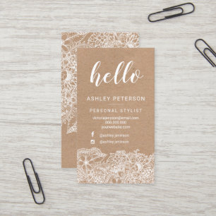 Stylist white hello floral kraft typography business card
