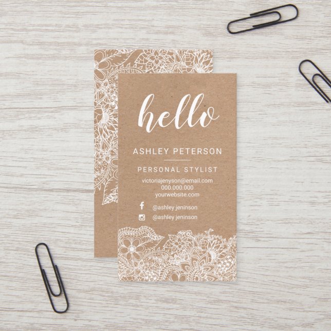 Stylist white hello floral kraft typography business card (Front/Back In Situ)
