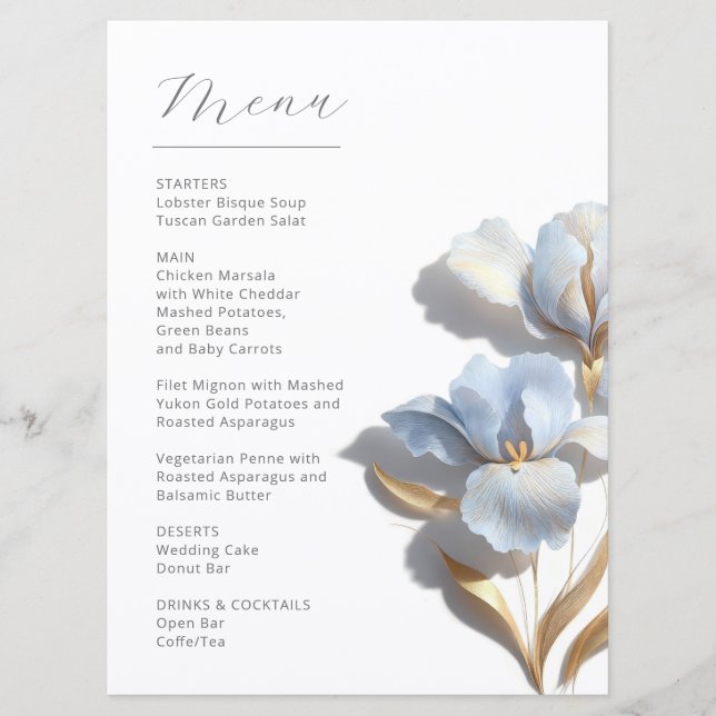 Stylized 3D Lily Flowers Blue Gold Menu (Front)