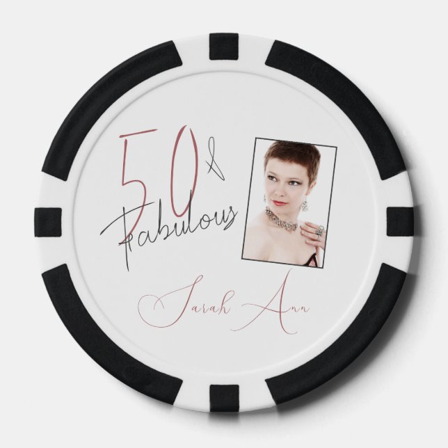 Stylized 50 & Fabulous Pink & Black Photo Birthday Poker Chips (Front)