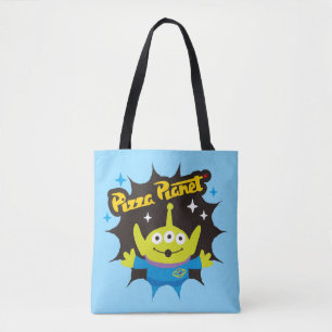 Stylized Alien Pizza Planet Badge Tote Bag
