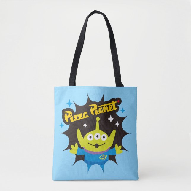 Stylized Alien Pizza Planet Badge Tote Bag (Front)