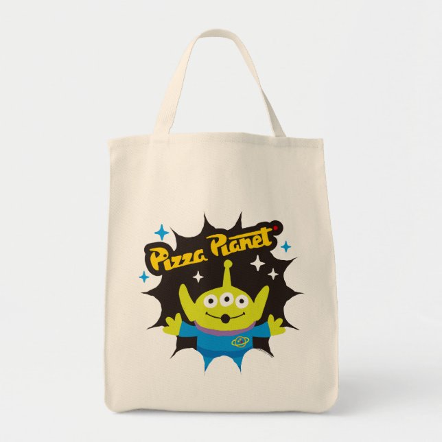 Stylized Alien Pizza Planet Badge Tote Bag (Front)
