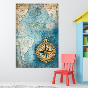 stylized antique map superimposed on a large gold poster