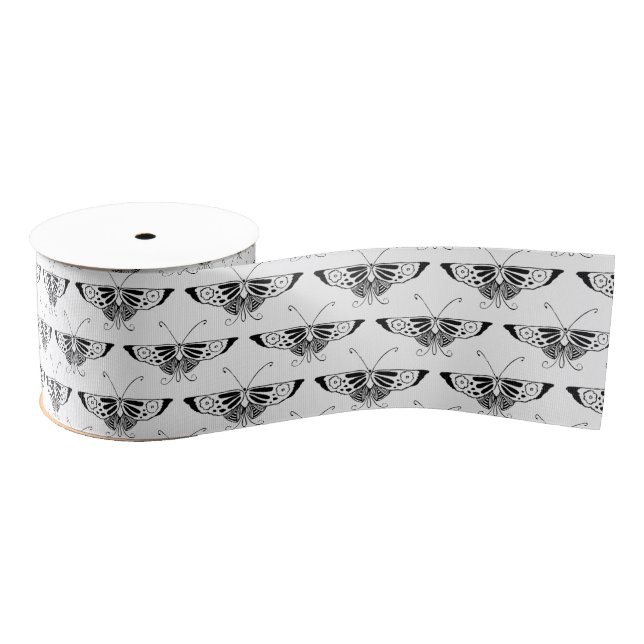 Stylized Art Deco butterfly  - black and white Grosgrain Ribbon (Spool)