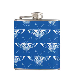 Stylized Art Deco butterfly, cobalt blue and white Hip Flask