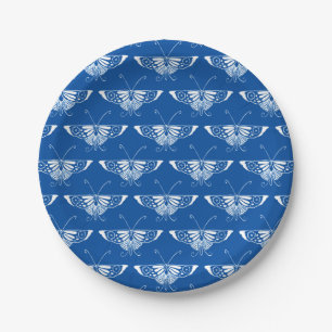 Stylized Art Deco butterfly, cobalt blue and white Paper Plate
