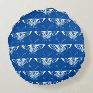 Stylized Art Deco butterfly, cobalt blue and white Round Pillow
