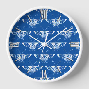 Stylized Art Deco butterfly, cobalt blue and white Wall Clock