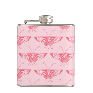 Stylized Art Deco butterfly - coral pink Hip Flask