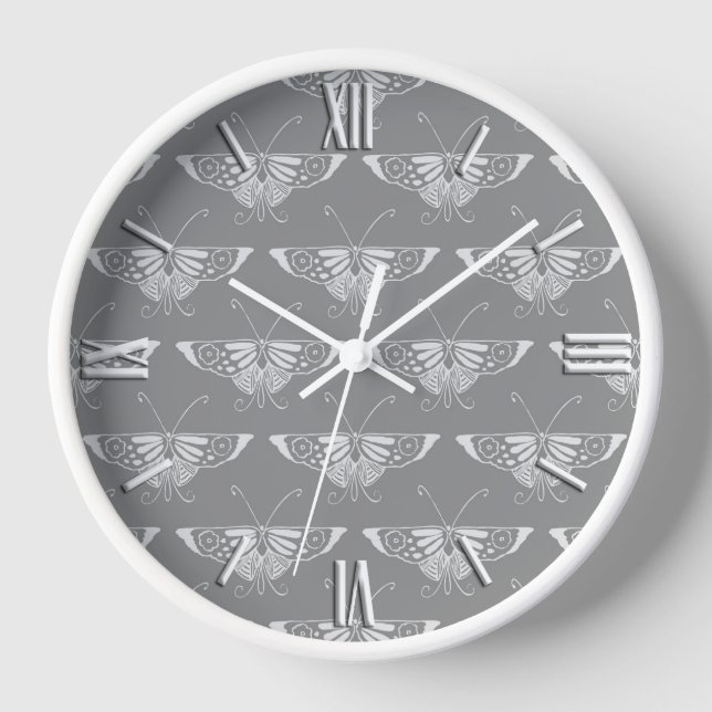 Stylized Art Deco butterfly, shades of grey / grey Wall Clock (Front)