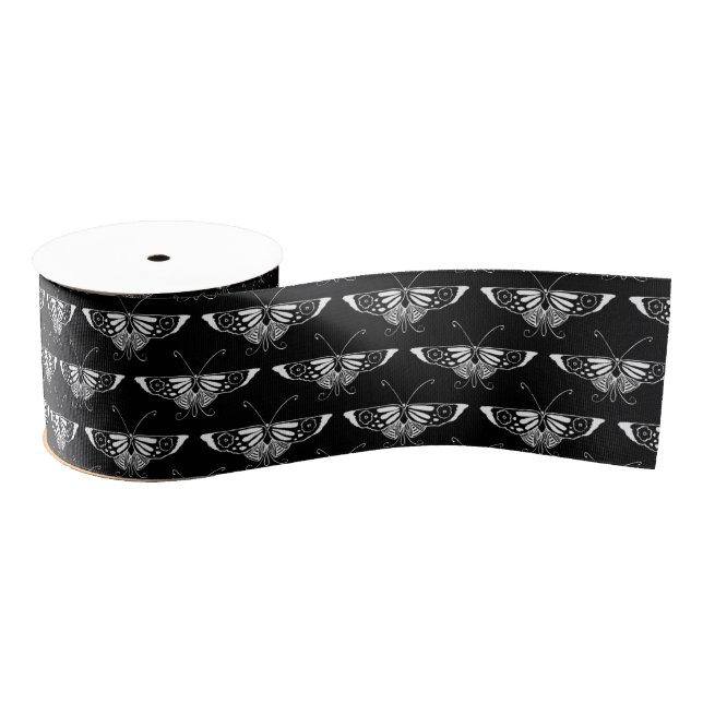 Stylized Art Deco butterfly  - white and black Grosgrain Ribbon (Spool)