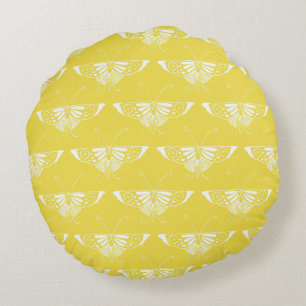 Stylized Art Deco butterfly - yellow and white Round Pillow
