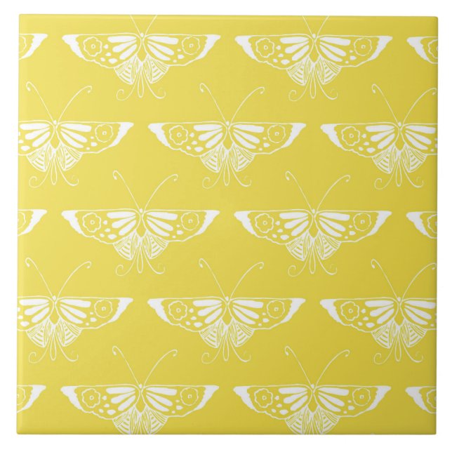 Stylized Art Deco butterfly - yellow and white Tile (Front)