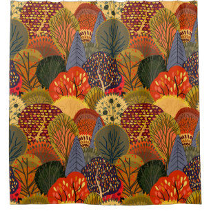 Stylized autumn trees, bright forest pattern.