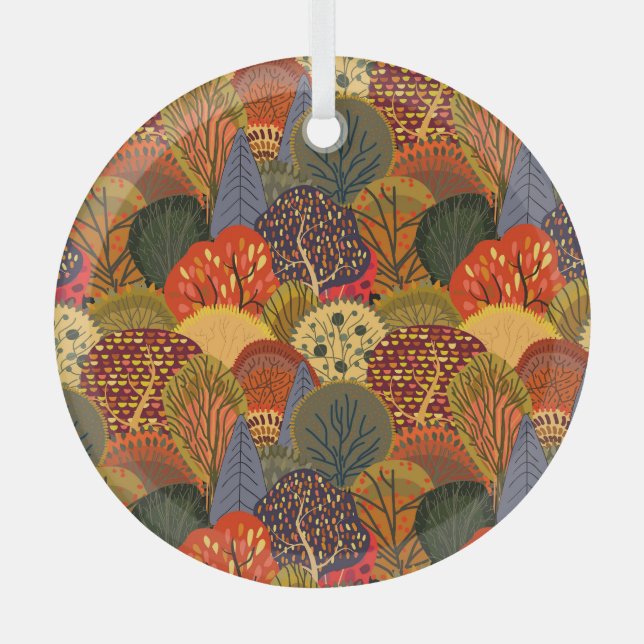 Stylized autumn trees, bright forest pattern. glass ornament (Front)