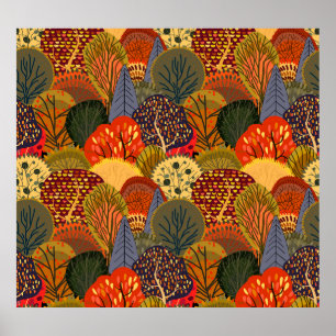 Stylized autumn trees, bright forest pattern. poster