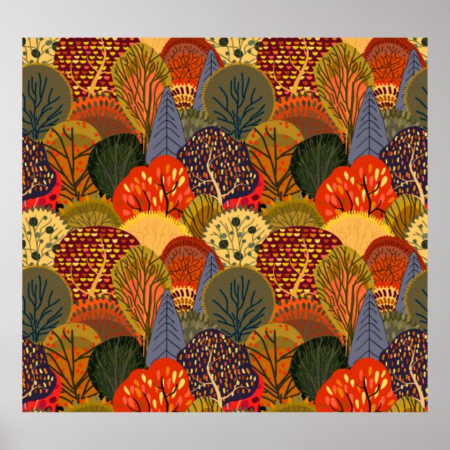 Stylized autumn trees, bright forest pattern. poster (Front)