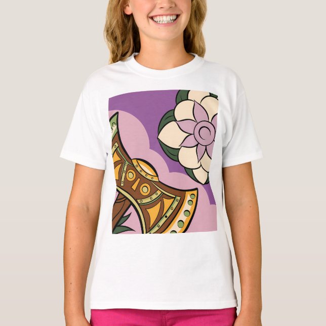 Stylized Axe and Flower Design T-Shirt (Front)