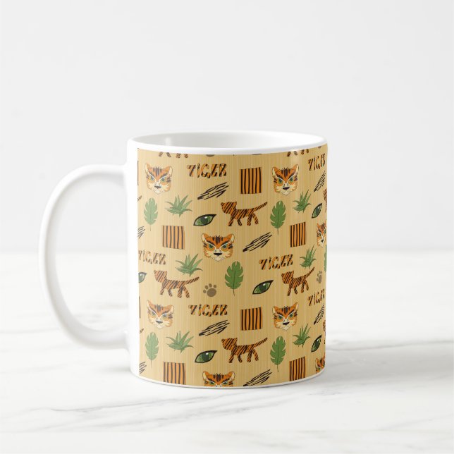 Stylized background with cartoon tiger. Bright che Coffee Mug (Left)