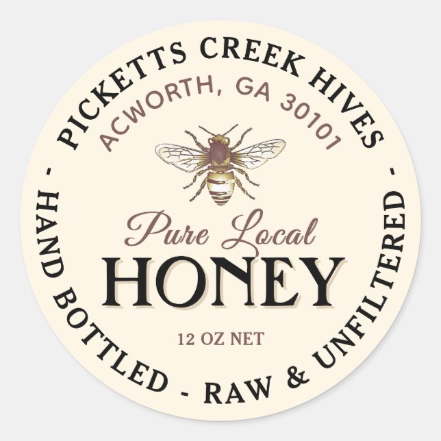 Stylized Bee Honey Label Local Hand Bottled  (Front)