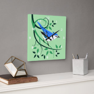 Stylized Bird Art Blue Jay Square Wall Clock
