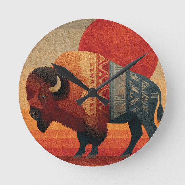 Stylized Bison with Native American Patterns  Round Clock (Front)