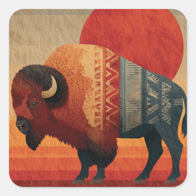 Stylized Bison with Native American Patterns  Square Sticker (Front)
