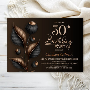 Stylized Black and Copper Eucalyptus 30th Birthday Invitation