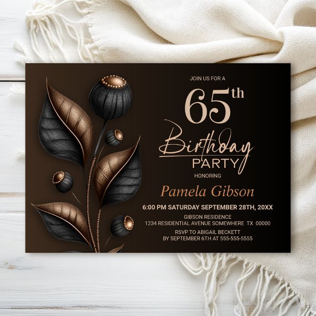 Stylized Black and Copper Eucalyptus 65th Birthday Invitation (Creator Uploaded)