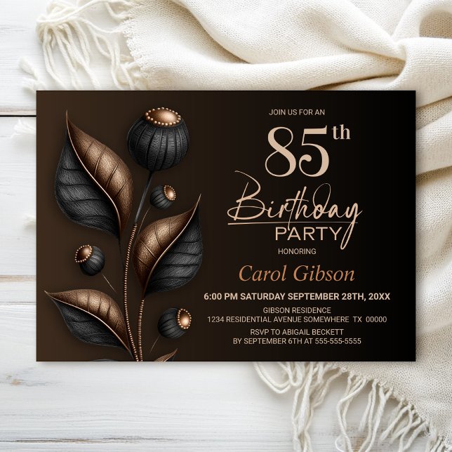 Stylized Black and Copper Eucalyptus 85th Birthday Invitation (Creator Uploaded)