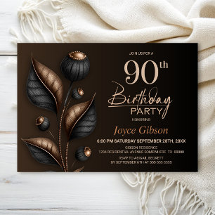 Stylized Black and Copper Eucalyptus 90th Birthday Invitation